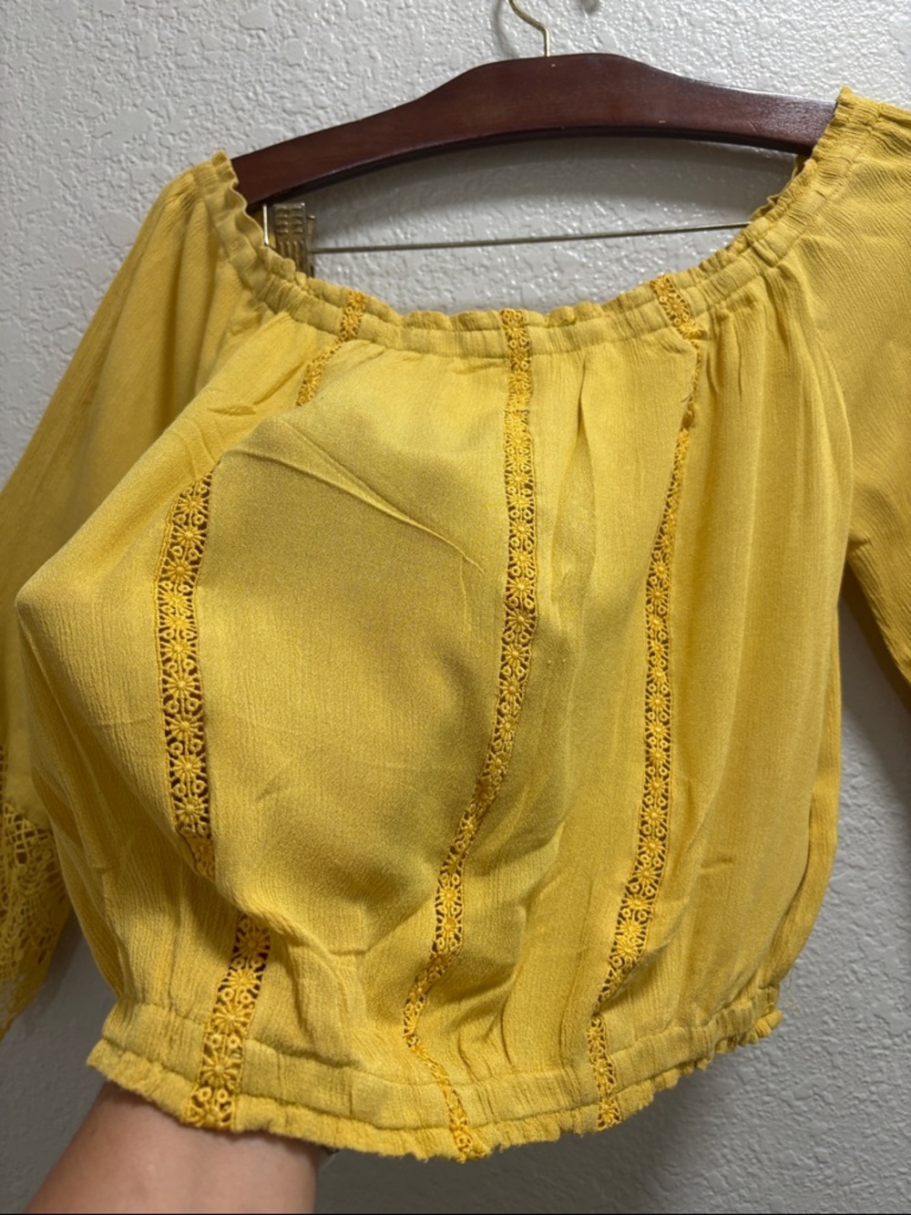 Yellow Off-Shoulder Crochet Bell Sleeve Crop Top